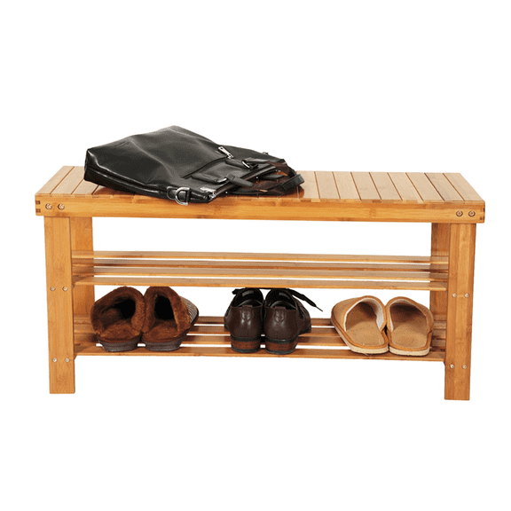 3-Tier Bamboo Shoe Rack with Stool, Wood Color Storage Bench with Strip Pattern, Space-Saving Organizer for Entryway, Holds up to 551 lbs