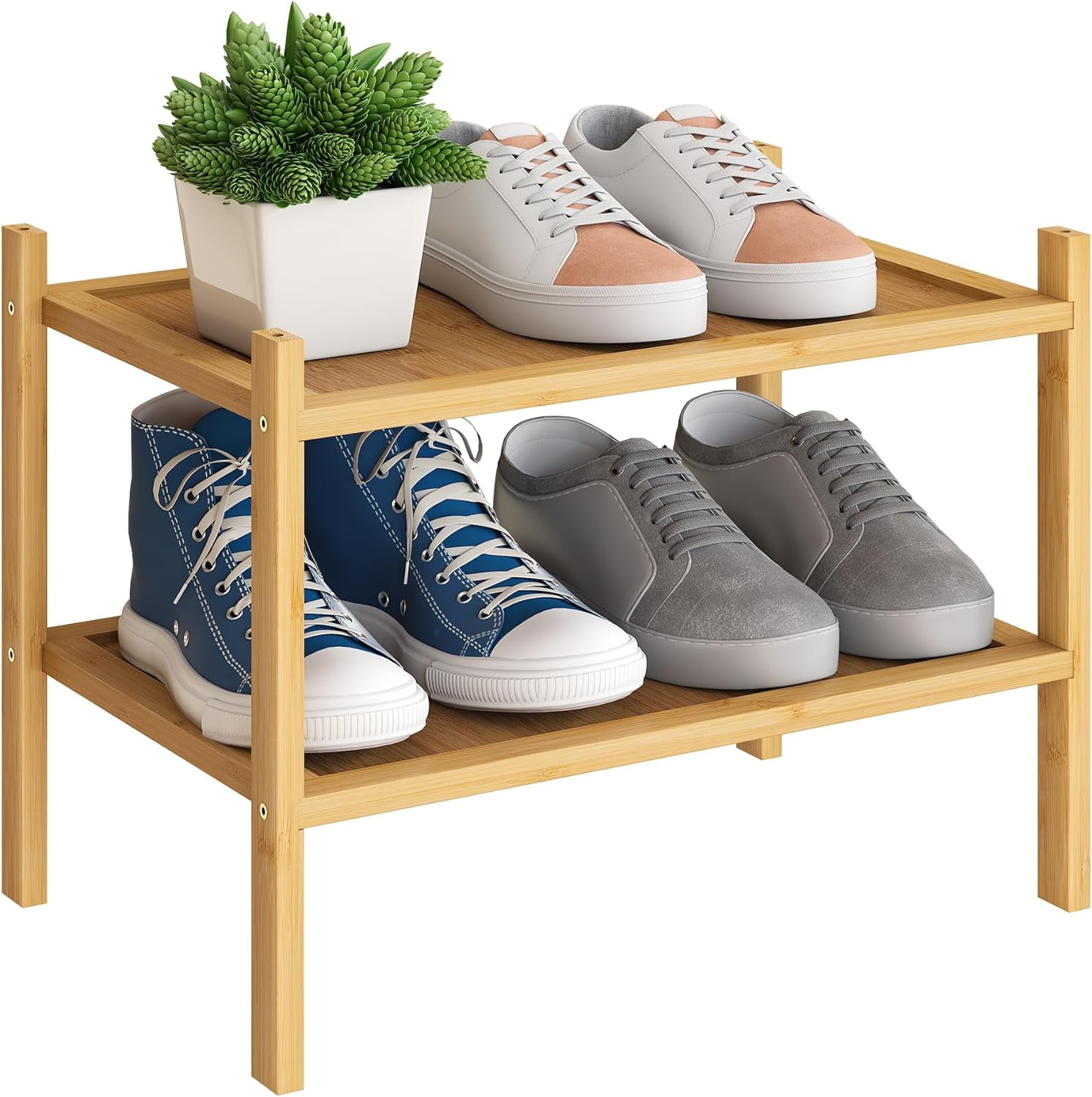 3-Tier Bamboo Small Shoe Rack Premium Stackable Shoe Shelf Storage ...