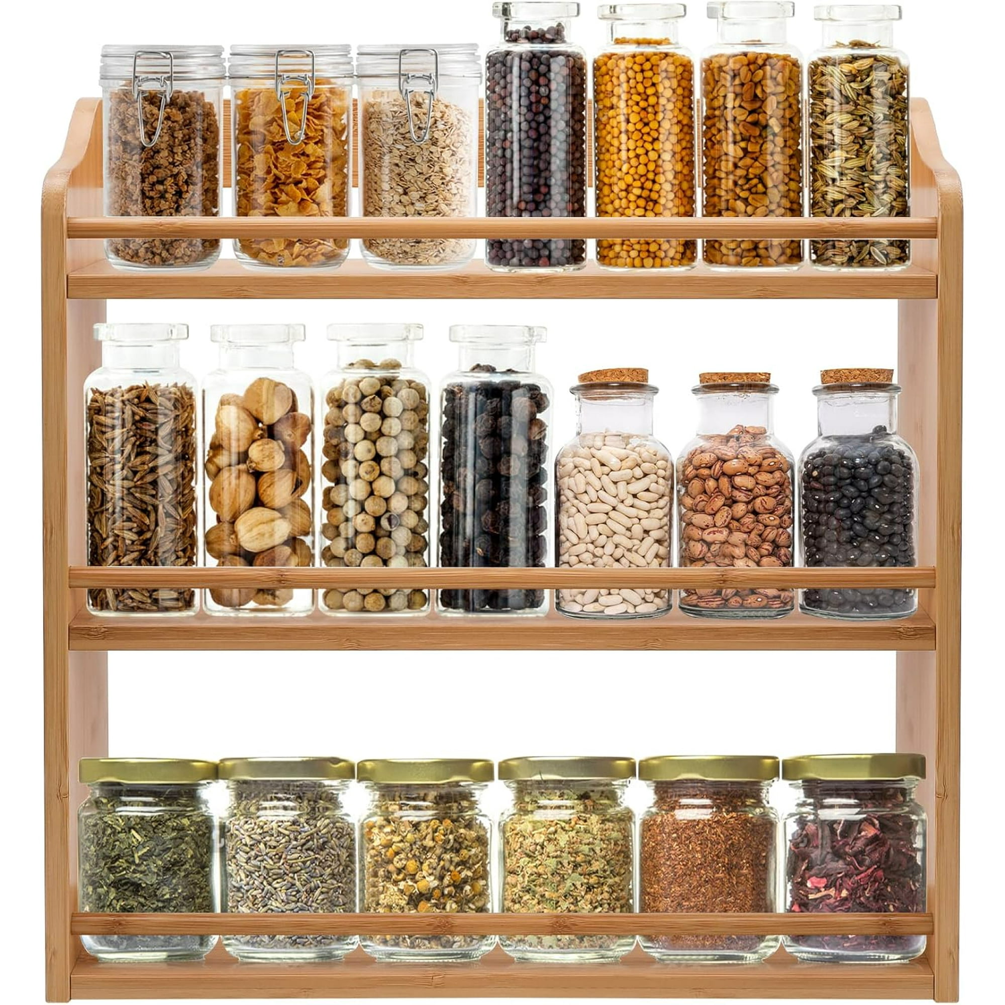 3 Tier Bamboo Spice Rack, Seasoning Jars Rack Shelf Spice Organizer for Kitchen Counter or Wall Mounting