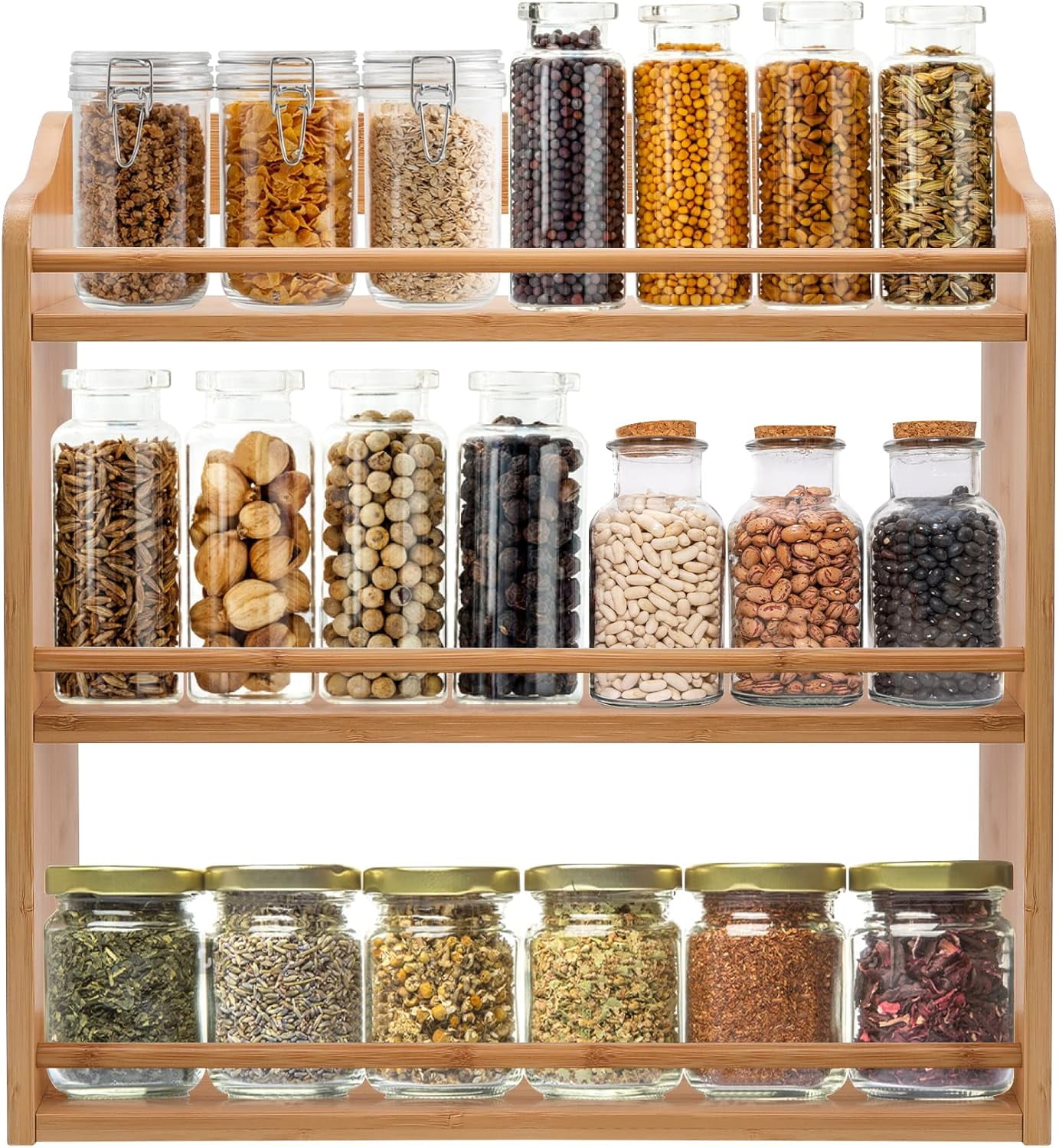 Countertop Jar Rack 3 Tier Bamboo Spice Rack, Seasoning Jars Rack Shelf Spice Organizer for ...