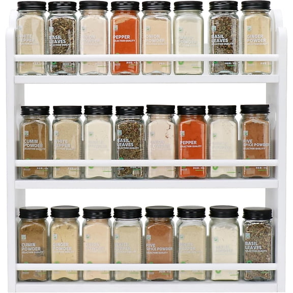 3 Tier Bamboo Spice Rack Organizer, Seasoning Jar Shelf with Handles, Kitchen Counter or Wall Mount Spice Storage Holder, White, Easy Install, Space Saving