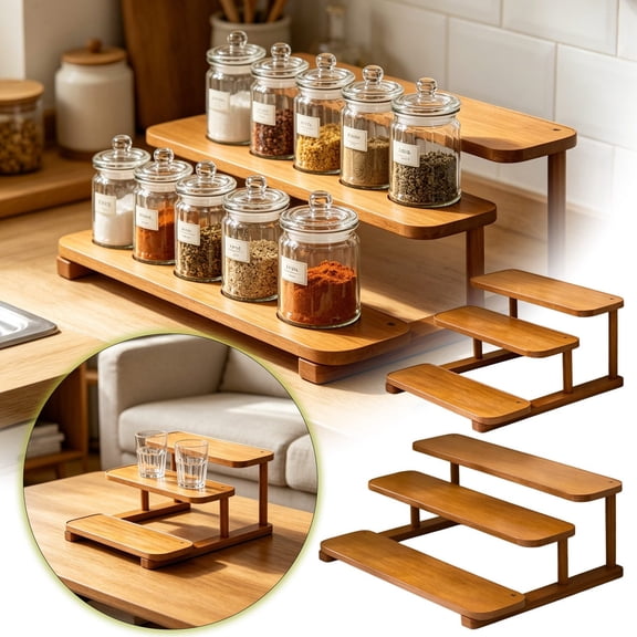 3-Tier Bamboo Step Shelf Organizer Spice Rack Organizer Stable Bamboo Tiered Organizer for Home Use Living Room Decor Display Shelf