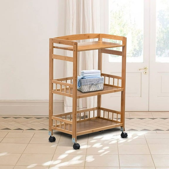 3 Tier Bamboo Storage Cart-Mobile Shelving Kitchen Unit Organizer Storage Tower Rack-Removable Rolling Utility Narrow Places Cart Serving Cart for Kitchen Bathroom Laundry