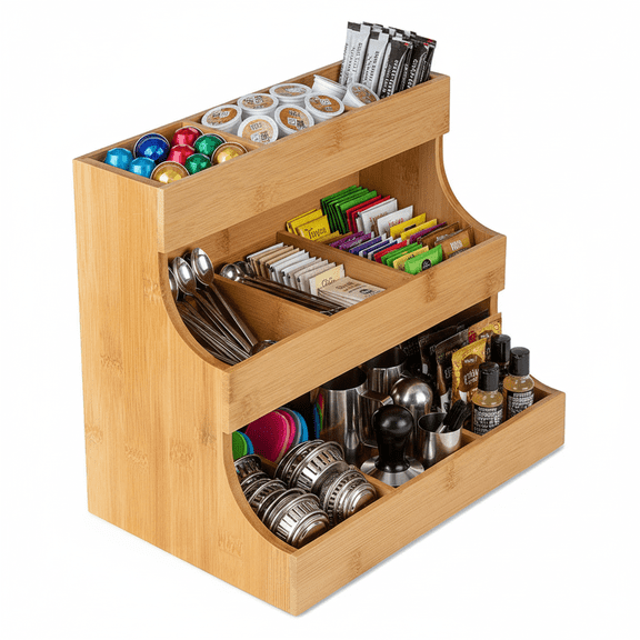 3-Tier Bamboo Tea Bag & Coffee Pod Organizer, Space-Saving Countertop Storage Rack for Kitchen & Office, Holds Tea Bags, K-Cups & Sugar Packets