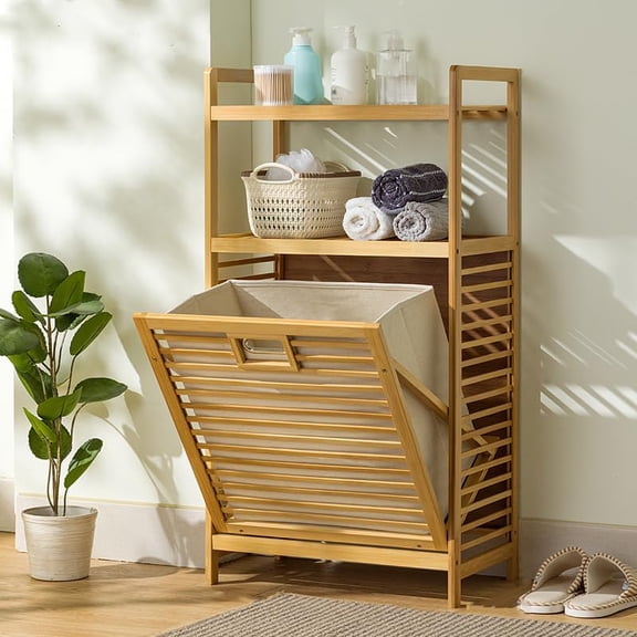 3-Tier Bamboo Tilt Out Laundry Basket,Floor Standing Laundry Hamper with Removable Liner for Bathroom,Beige