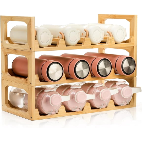 3 Tier Bamboo Water Bottle Organizer, Stackable Bottle Storage Rack, Tumbler Shelf Organizer, Wine Bottle Holder, Drinking Cup Display Rack for Cabinet Kitchen Cupboard, Hold 12 Bottles