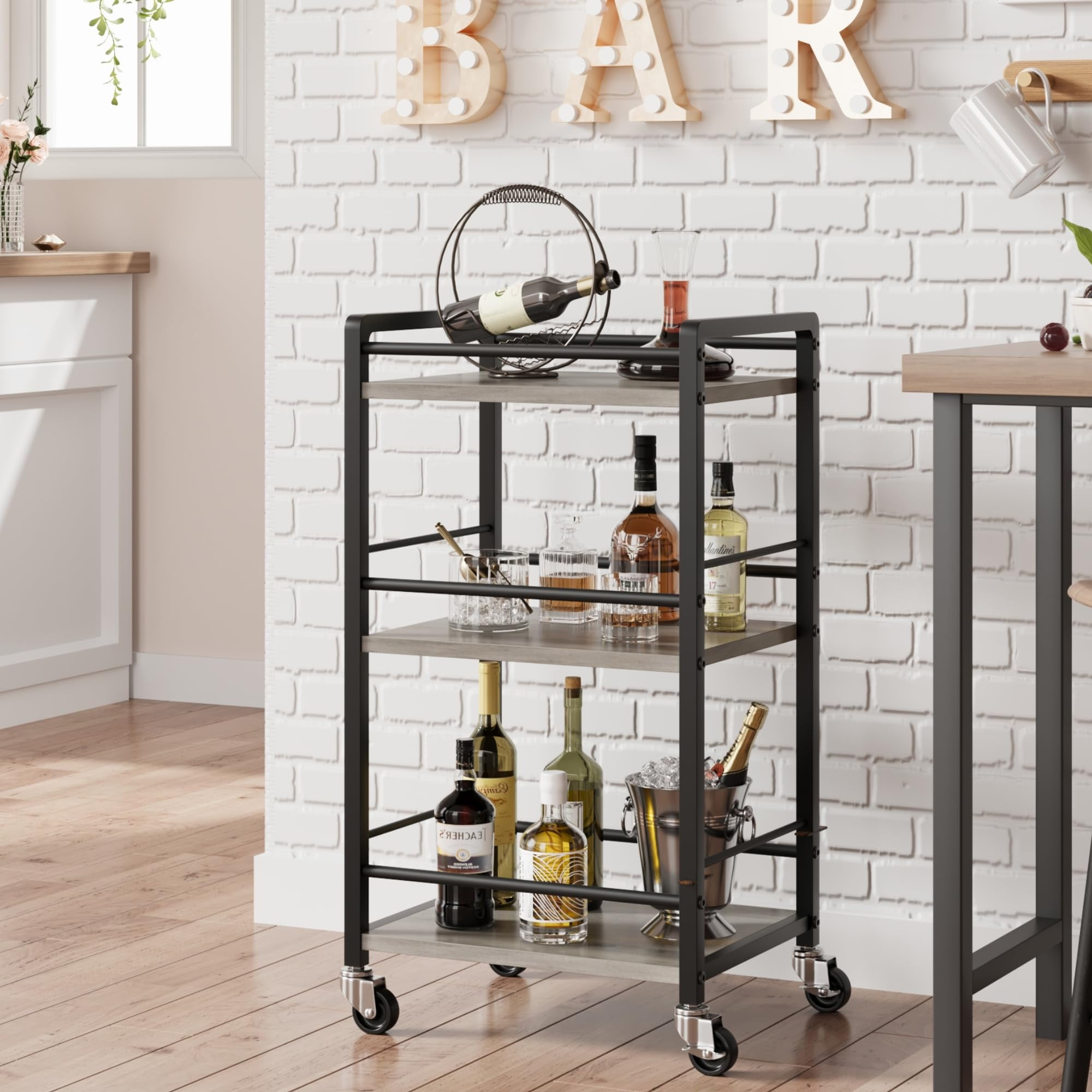 3 Tier Bar Cart for Home,Home Bar Serving Carts,Rolling Mini Liquor Bar for Wine Beverage Dinner Party,Utility Kitchen Storage Island Cart on Wheels,Coffee Bar Cabinet for Kitchen Dining Living Room