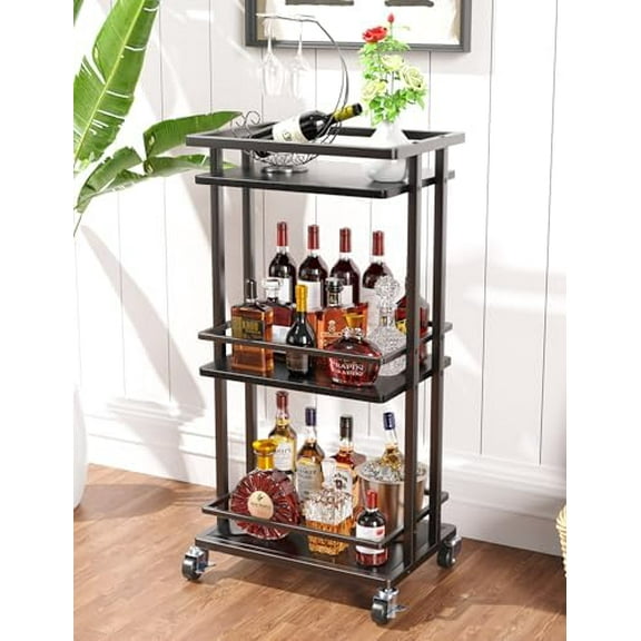 3 Tier Bar Cart for Home, Rolling Mini Liquor Bar for Wine Beverage Dinner Party, Utility Kitchen Storage Island Serving Cart on Wheels, Coffee Bar Cabinet for Kitchen Dining Living Room, Black