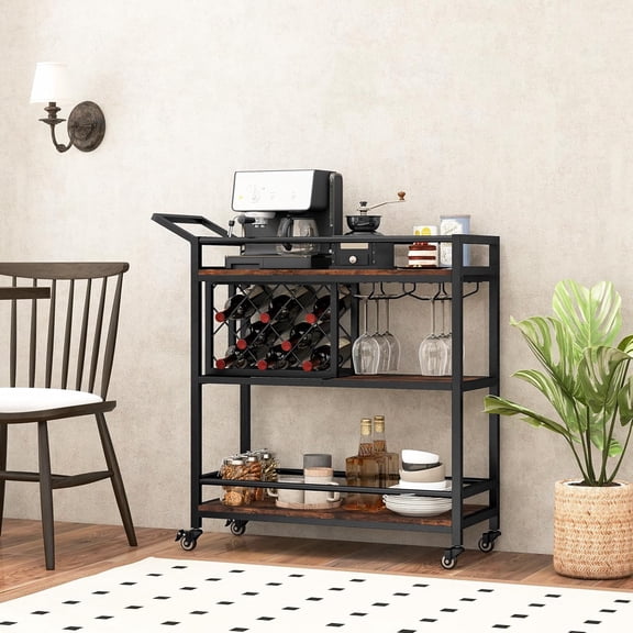 3-Tier Bar Cart, Industrial Serving Cart with Wine Racks & Glass Holders, Convenient Handle, Rolling Beverage Cart with Metal Frame for Kitchen, Dining Room, Living Room, Rustic Brown