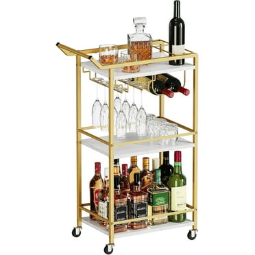 3 Tier Bar Cart, Mini Liquor Utility Cart for Wine Beverage Dinner Party, Rolling Wine Coffee Drink Serving Cart with Lockable Wheels for Home Kitchen Bars (Gold)