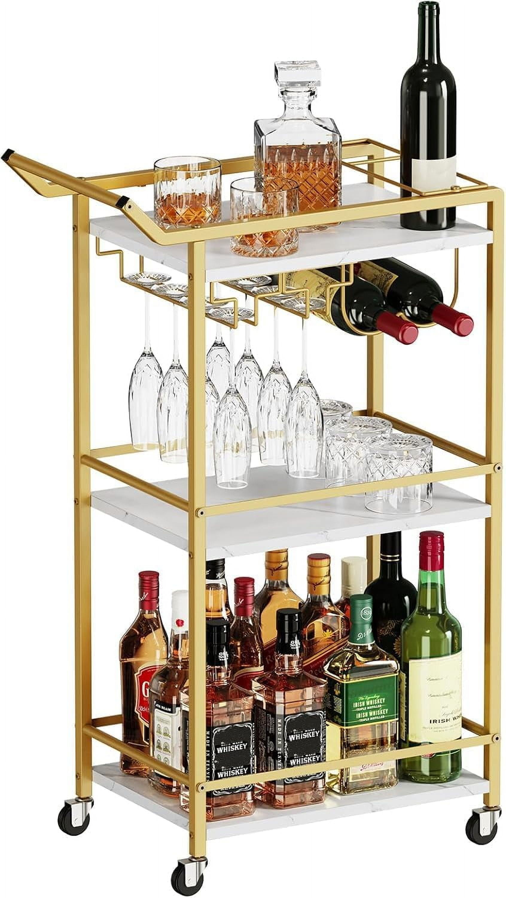 Bar Cart For The Home, 3 Tier Small Wine Bar Cart, Drink Serving Cart On Wheels With Glass Holder, Mini Beverage Utility Cart For Kitchen, Dining Room, Living Room, Black