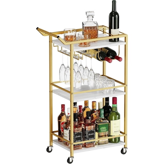 3 Tier Bar Cart, Mini Liquor Utility Cart for Wine Beverage Dinner Party, Rolling Wine Coffee Drink Serving Cart with Lockable Wheels for Home Kitchen Bars (Gold)