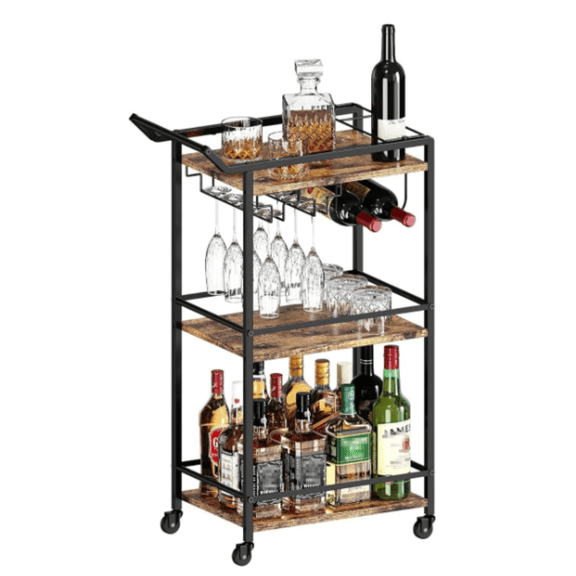 3 Tier Bar Cart, Mini Liquor Utility Cart for Wine Beverage Dinner Party, Rolling Wine Coffee Drink Serving Cart with Lockable Wheels for Home Kitchen Bars (Rustic Brown)