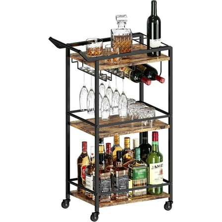 3 Tier Bar Cart, Mini Liquor Utility Cart for Wine Beverage Dinner Party, Rolling Wine Coffee Drink Serving Cart with Lockable Wheels for Home Kitchen Bars (Rustic Brown)