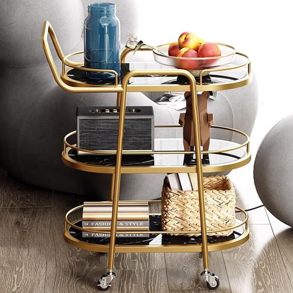 3 Tier Bar Cart With Wheels Gold, Home Bar Serving Cart, Microwave Cart, Drink Cart, Mobile Kitchen Shelf, Rolling Beverage Cart For Living Room, Kitchen, Dining Room