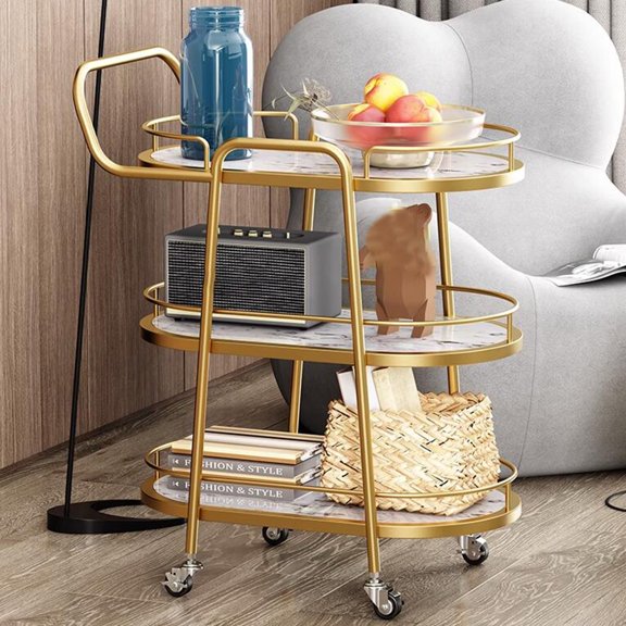 3 Tier Bar Cart With Wheels Gold, Home Bar Serving Cart, Microwave Cart, Drink Cart, Mobile Kitchen Shelf, Rolling Beverage Cart For Living Room, Kitchen, Dining Room