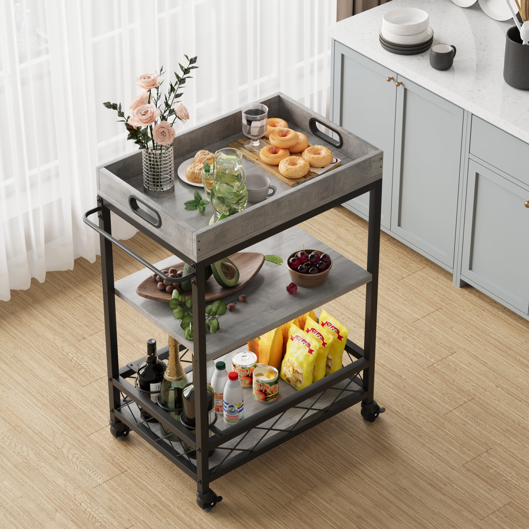3 Tier Bar Cart with Wheels and Portable Tray Industial Modern Rolling Cart on Wheels Serving Cart with Wine Rack for Kitchen Dining Room Living