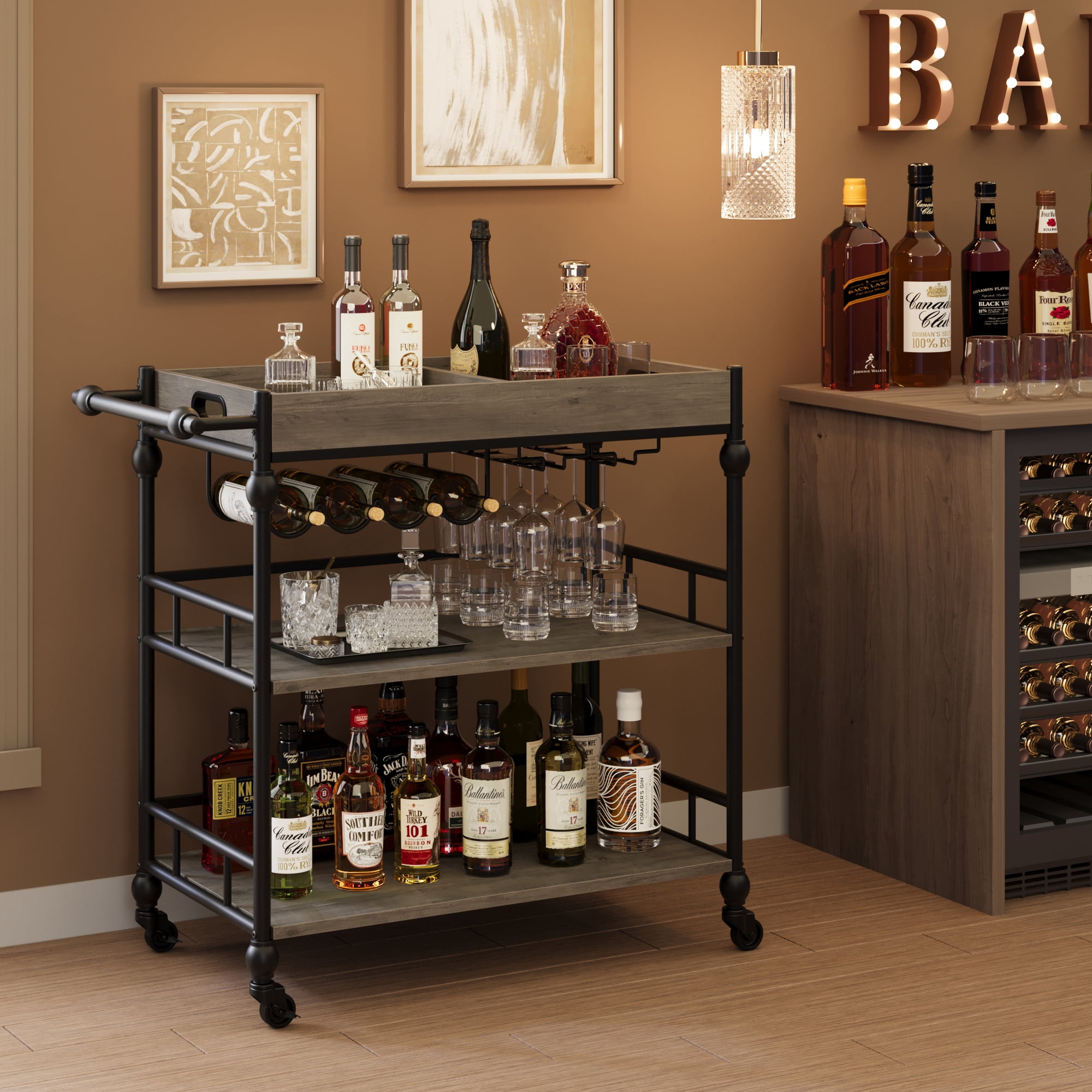 3 Tier Bar Cart with Wheels - Grey