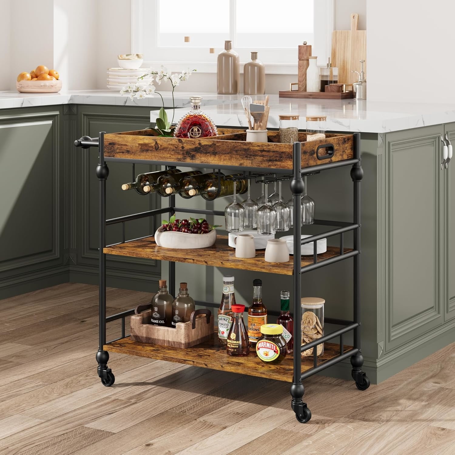 AOILE 3-Tier Bar Cart with Wheels, Roman Column Design, Rolling Bar ...