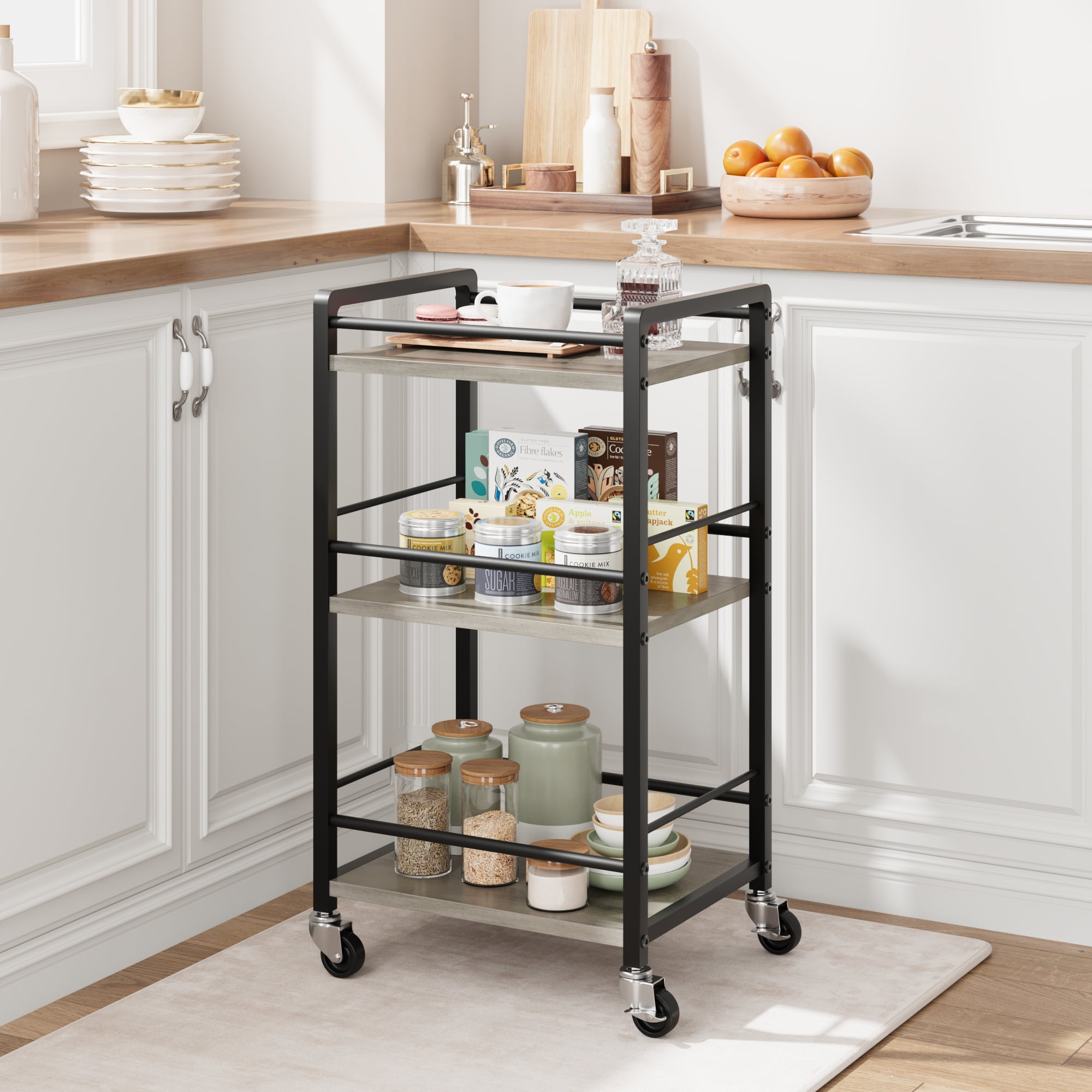 3 Tier Bar Cart for Home Mini Bar Carts for the Home with Wheels Liquor Cart Coffee Bar Cabinet Utility Kitchen Storage Island Serving Cart Grey