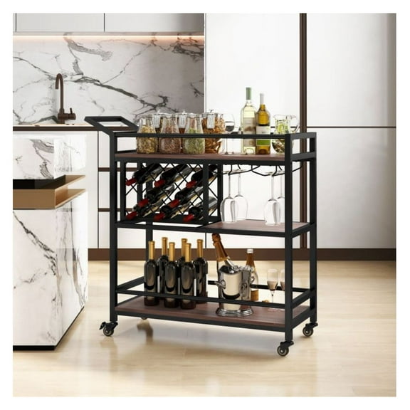 3-Tier Bar Cart on Wheels, Kitchen Serving Cart with Wine Rack & Glasses Holder - Rustic Brown
