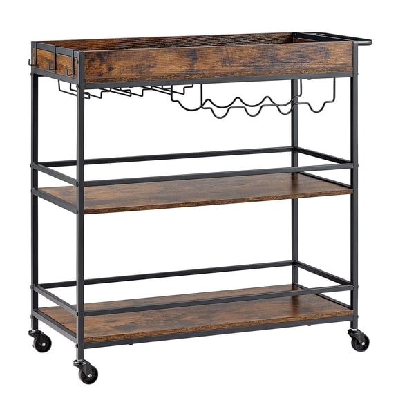 3-Tier Bar Cart with Wine Rack and Glass Holder, Industrial Rolling Serving Cart, 35 Inch Mobile Kitchen Beverage Station on Wheels, Brown