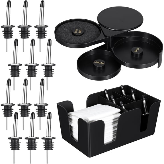 3 Tier Bar Glass Rimmer Bartender Tool Salt Rimmer for Cocktails Margarita 12 Pcs Stainless Steel Classic Bottle Pourers and Bar Caddy Set with 6 Compartments for Bartender Accessories Party