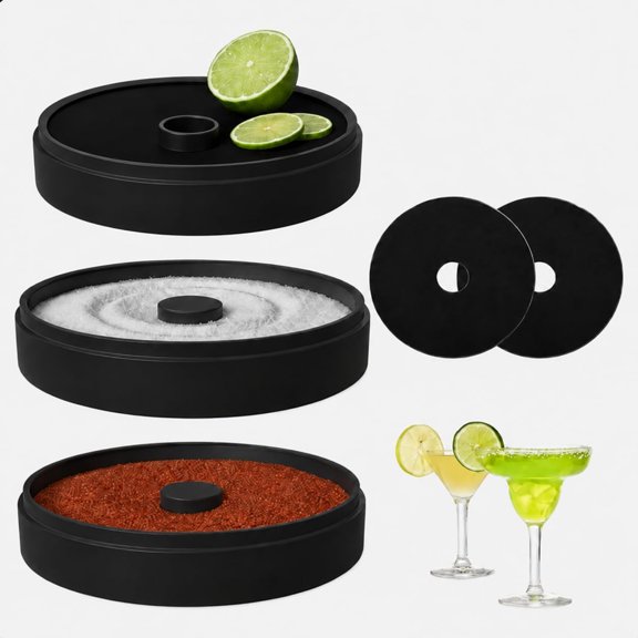 3 Tier Bar Glass Rimmer for Margarita & Cocktail, Black Salt Box | Margarita Salt Rimmer Set, 2 Sponges, 10 oz Trays for Salt, Sugar & Lime Juice; Stackable ABS for Bartenders & Outdoor Use