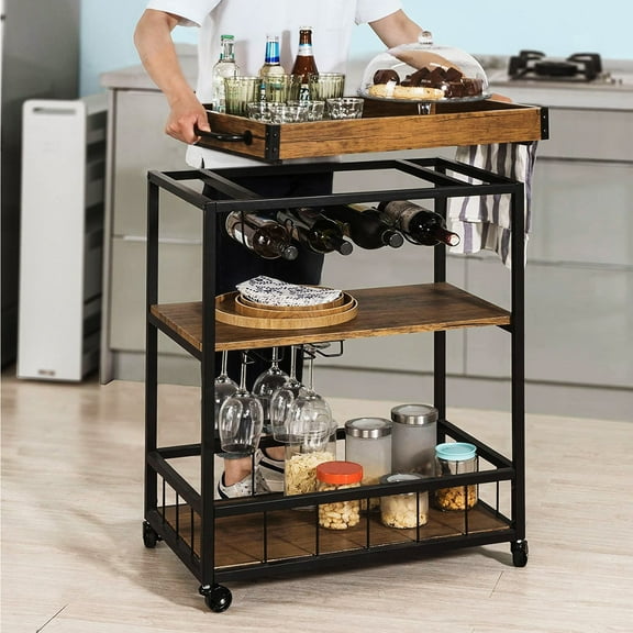 3 Tier Bar Serving Cart Home Rustic with Removable Top Tray Metal Handle Rack Mobile Kitchen Serving cart on Wheels