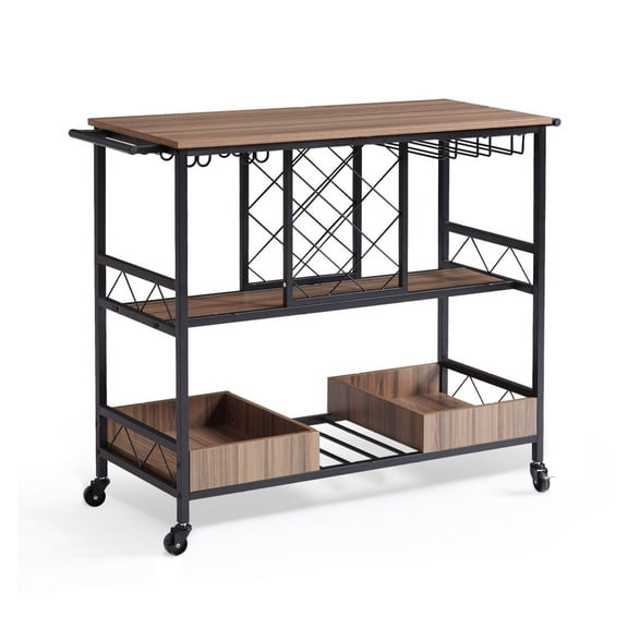 3-Tier Bar Serving Cart Rolling Trolley with Wine Grid Glass Holder 300LBS