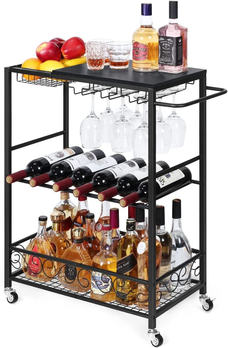 3 Tier Bar Serving Wine Cart, Industrial Style Kitchen Serving Cart