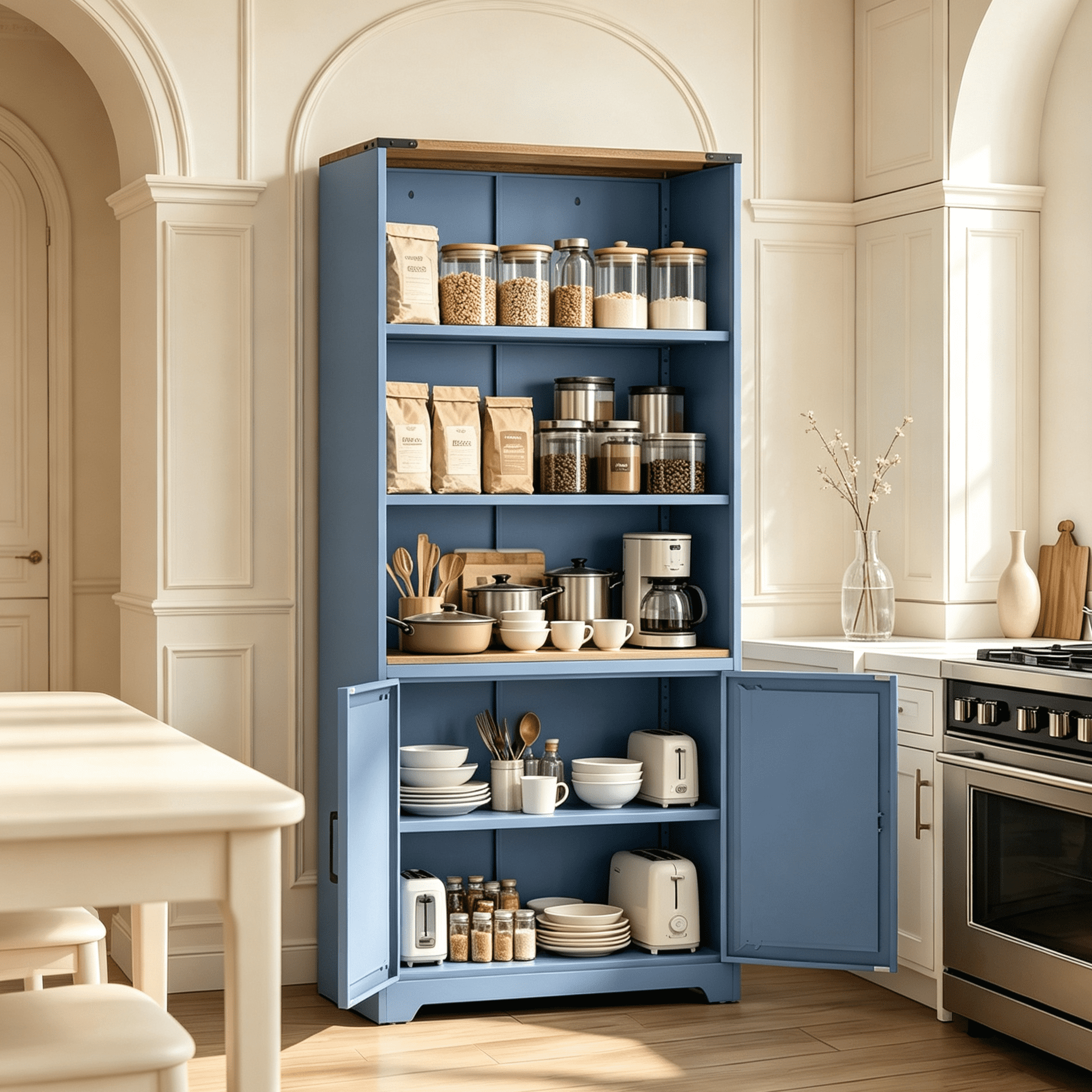 3-Tier Barn Door Display Case, 69.7x31.5x15.4 Inches, Steel Display Case With Vintage Blue And Contrasting Wood Grain