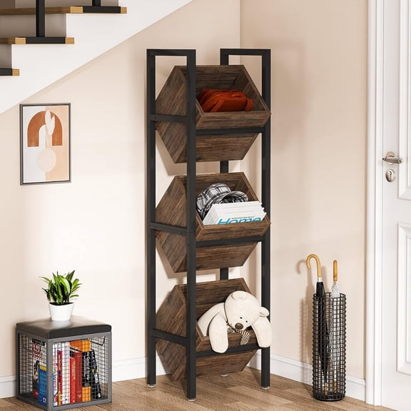 3-Tier Basket Stand, Wood Snack Rack with Baskets, Rustic Vertical Fruit Stand Standing Storage Tower Organizer for Kitchen Bathroom Living Room