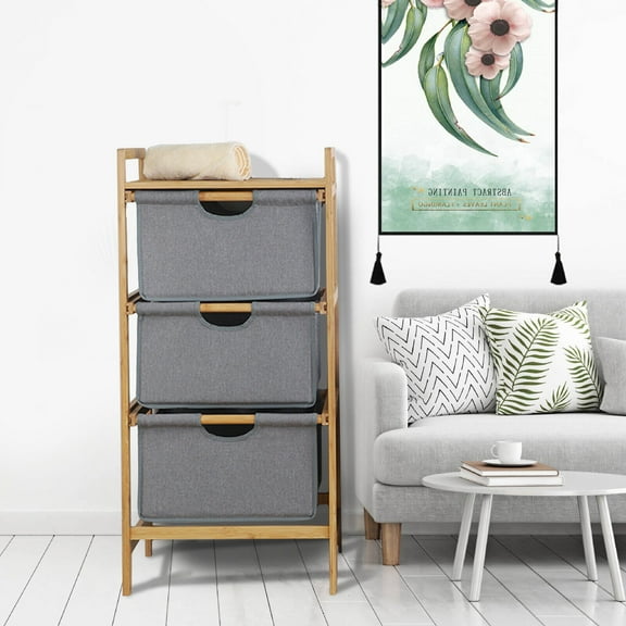 3-Tier Basket Storage Drawers Unit Bathroom Dresser Tower with Fabric Baskets Bamboo 3-Tier Fabric Baskets Dresser Storage Unit Storage Shelf Cabinet Drawer 3-Tier Bamboo Storage Rack