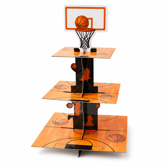 3-Tier Basketball Cupcake Stand, Sports Theme Cardboard Dessert Tower Holder with Hoop for Boys Birthday Party Game Day Baby Shower Supplies