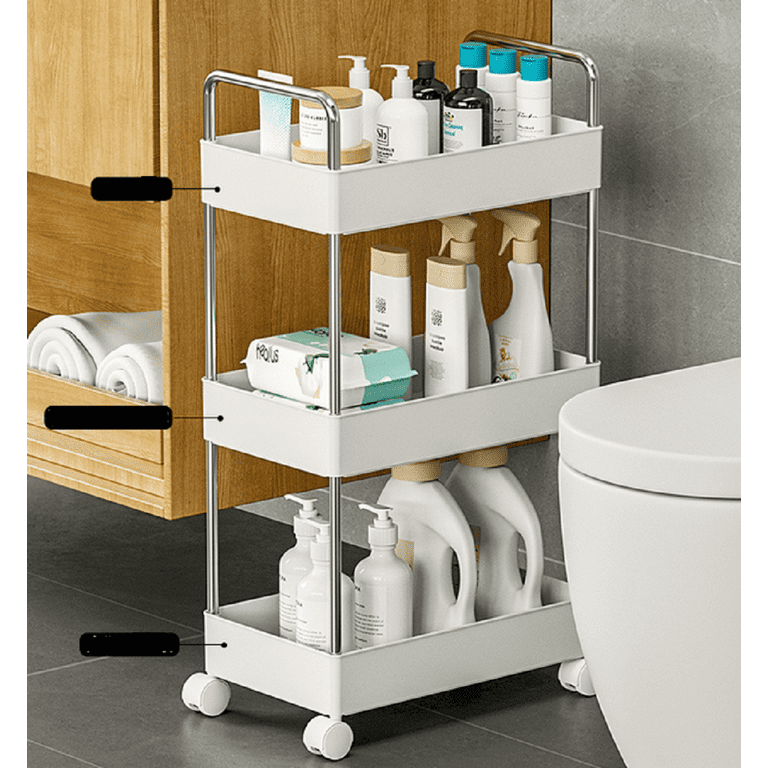 3 Tier Bathroom Cart Organizer Mobile Shelving Unit Rolling Utility Cart, Slide Out Organizer for Kitchen, Bathroom, Laundry, Narrow Places, White