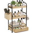 thumbnail image 1 of 3-Tier Bathroom Counter Organizer with Drawer, Wooden Vanity Skincare Storage Shelf with Thickened Metal Frame, Countertop Shelf with Basket & Hooks for Makeup Organization, Light Brown, 1 of 7