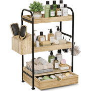 3-Tier Bathroom Counter Organizer with Drawer, Wooden Vanity Skincare Storage Shelf with Thickened Metal Frame, Countertop Shelf with Basket & Hooks for Makeup 