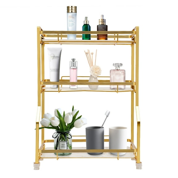 3 Tier Bathroom Counter Organizer - Dresser Countertop Storage, Cosmetics Skincare Shelf Organizer, White Gold Makeup Cosmetic Storage Corner Storage Organizers for Bathroom Kitchen
