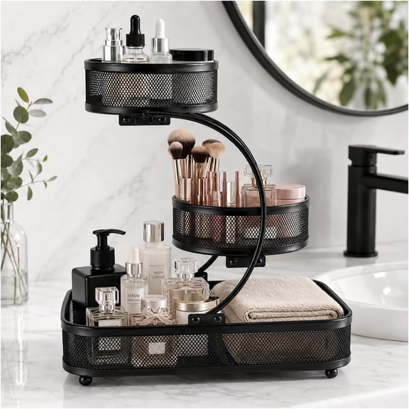3 Tier Bathroom Counter Organizer-Metal Makeup Organizer for Vanity | Perfume & Cologne Organizer, Metal Wire Mesh Design, Heavy Duty Shelf with Large Storage Capacity, Black