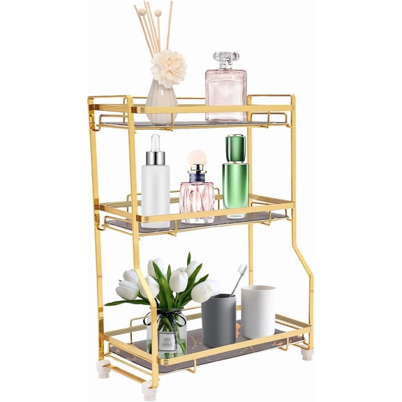 3 Tier Bathroom Counter Organizer Storage Shelf Decorative Wire Vanity Organizer Basket with Marbling Glass Tray Kitchen Spice Rack Standing Shelf