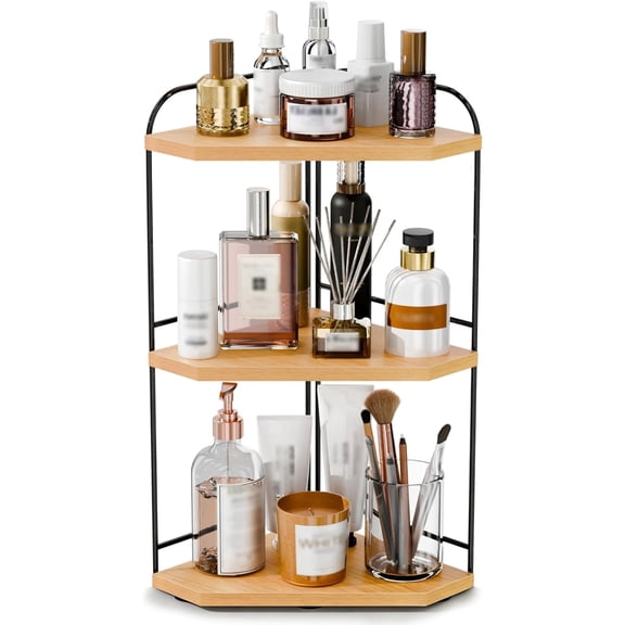 Corner Bathroom Counter Organizer, 3-Tier Wood Countertop Organizer for Perfume, Makeup Storage, Skincare Organizers for Vanity, Counter Corner Shelf for Kitchen, Bathroom, Dresser (Natural)