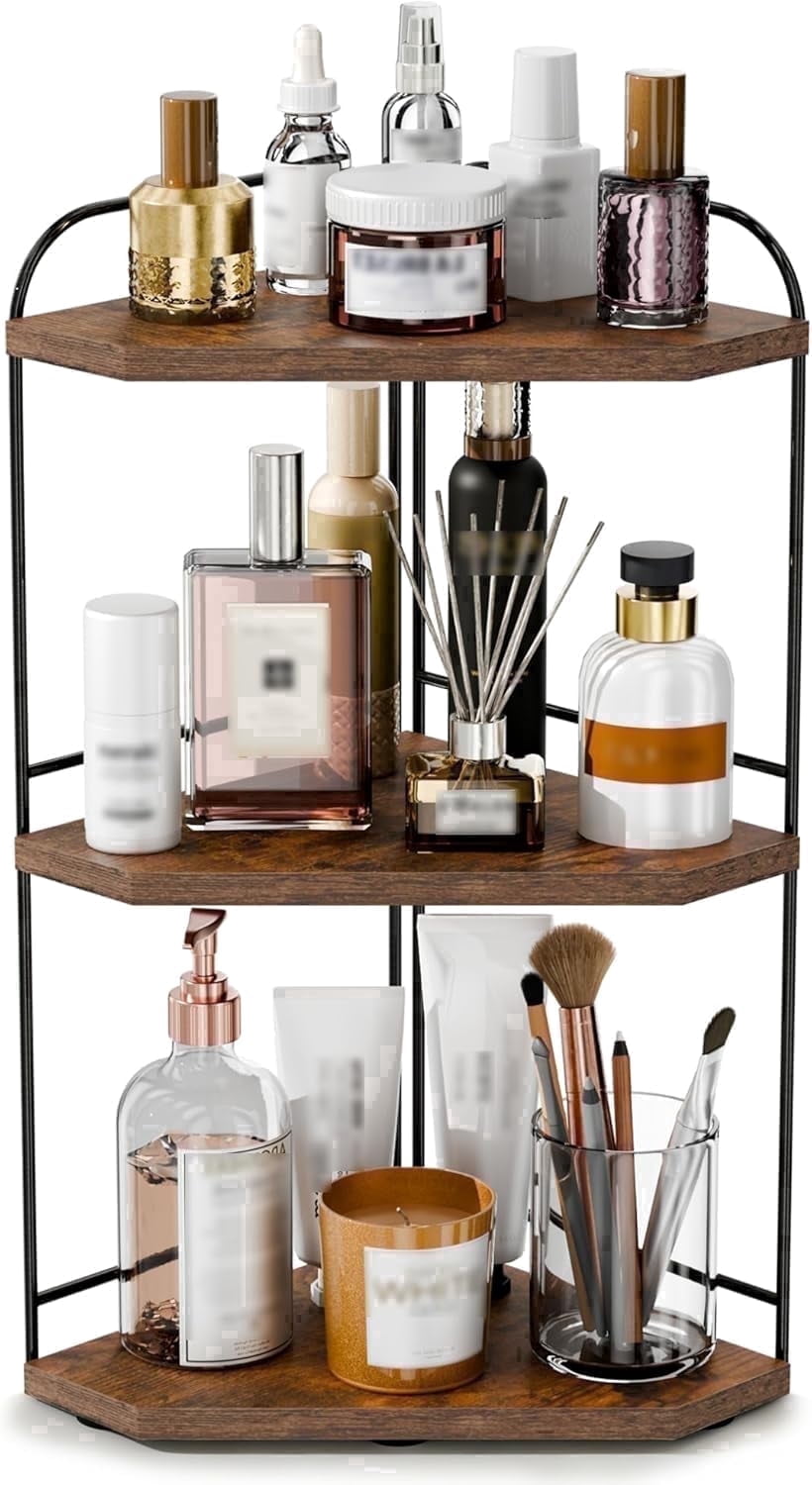 Corner Bathroom Counter Organizer, 3-Tier Wood Countertop Organizer for Perfume, Makeup Storage, Skincare Organizers for Vanity, Counter Corner Shelf for Kitchen, Bathroom, Dresser (Rustic Brown)