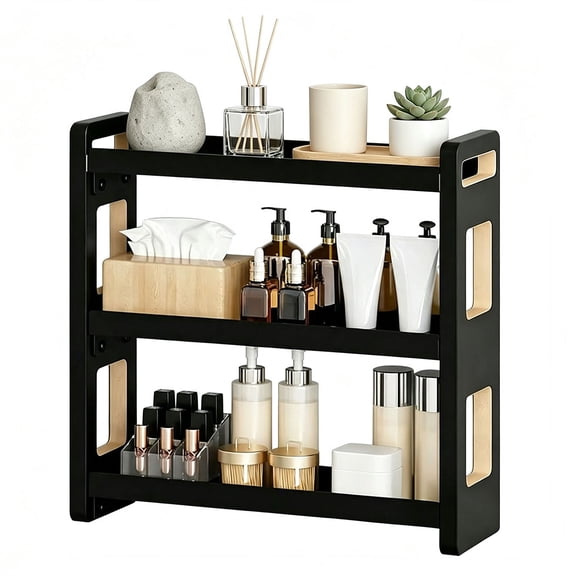3-Tier Bathroom Counter Organizer, Wood Vanity Organizer for Makeup and Skincare Storage, Countertop Storage Shelf for Bathroom, Kitchen, Dorm, Black