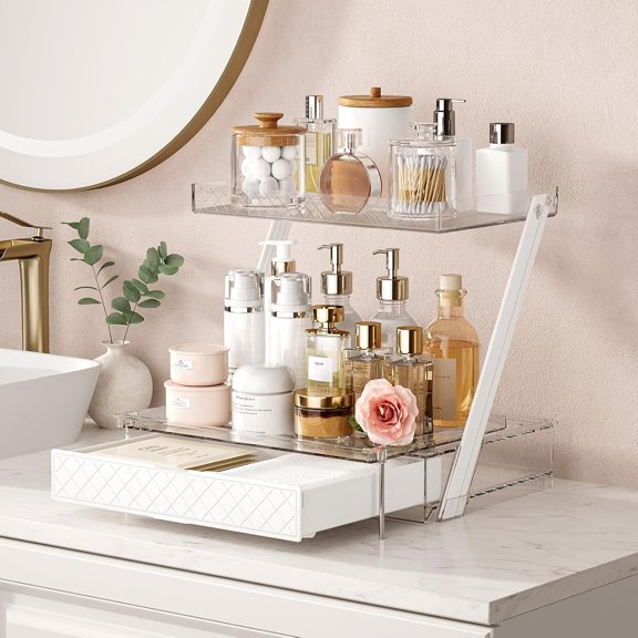 3-Tier Bathroom Countertop Makeup Organizer - Tall Big Make Up Storage with Slide-Out Tray & Bottom Drawer, Transparent Acrylic for Cosmetics Brushes Lipsticks Skincare