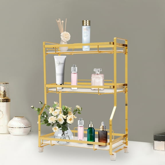 3-Tier Bathroom Countertop Organizer with Gold Frame & Marble Panels Modern Skincare & Makeup Storage Shelf for Vanity, Bedroom, or Living Room
