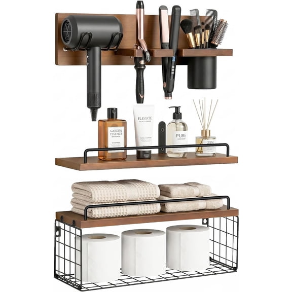 3-Tier Bathroom Floating Shelves with Curling Iron Holder & Hair Tool Organizer, Wall Mounted Rustic Wood Storage Rack Over Toilet with Hair Dryer Holder for Bathroom Decor & Organization