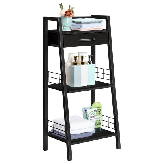 3 Tier Bathroom Ladder Shelf, Bathroom Floor Storage Shelf with Drawer, Freestanding Tower Shelf, Open Shelving Unit for Bathroom Living Room Balcony