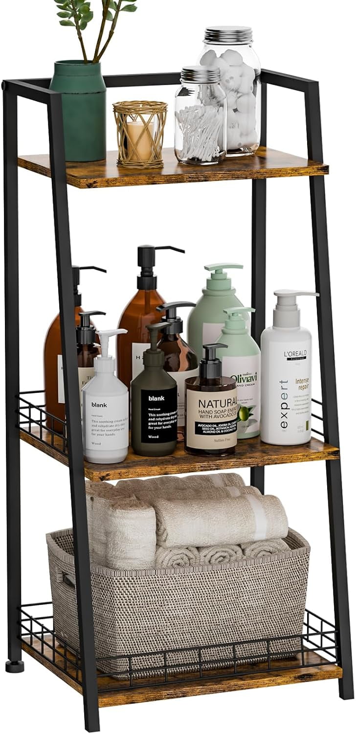 3-Tier Bathroom Ladder Shelf, Bathroom Floor Storage Shelf with Drawer, Freestanding Tower Shelf ...