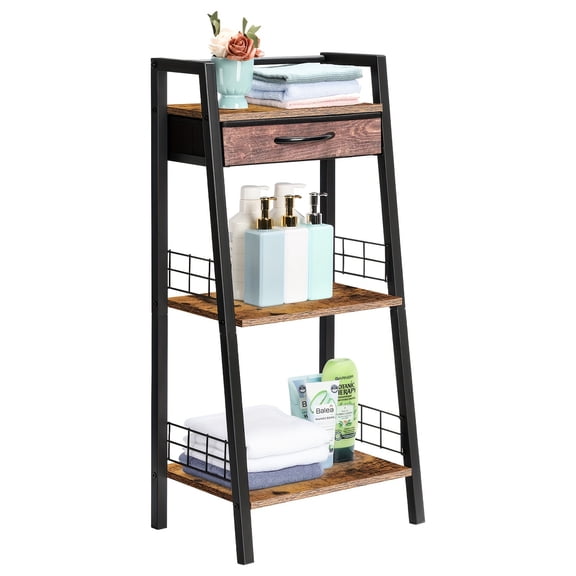 3 Tier Bathroom Ladder Shelf, Bathroom Floor Storage Shelf with Drawer, Freestanding Tower Shelf, Open Shelving Unit for Bathroom Living Room Balcony
